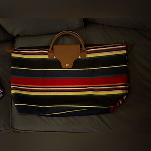 Striped Weekend Tote Bag with Brown Handles